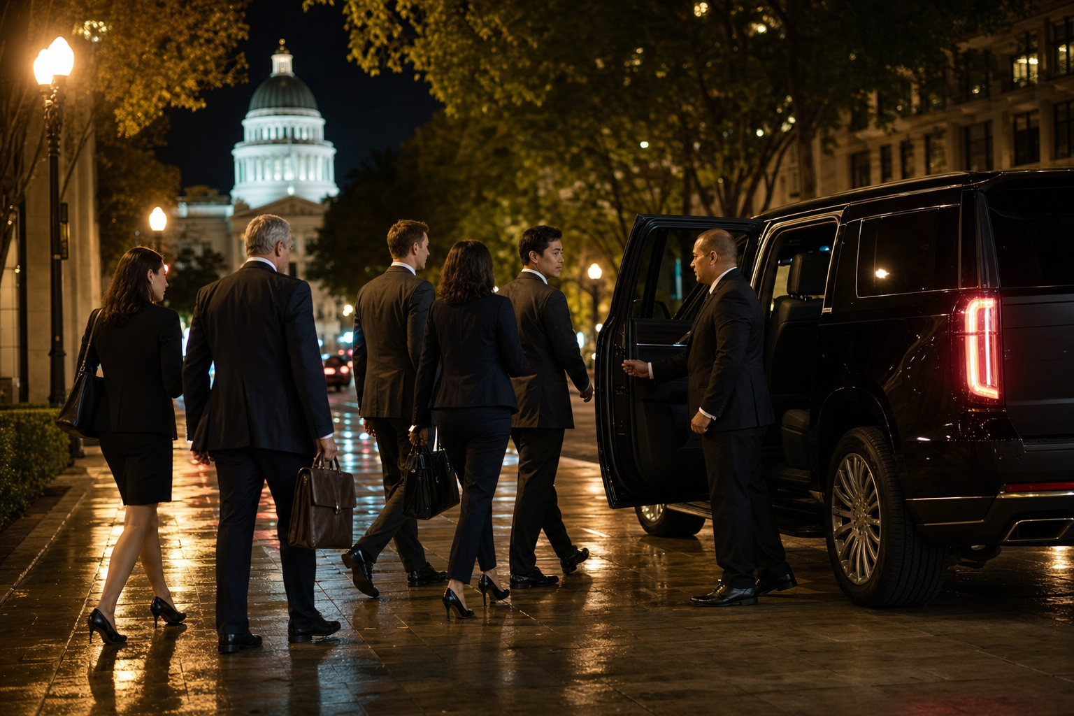 International delegation arriving at the California State Capitol with chauffeur opening SUV door