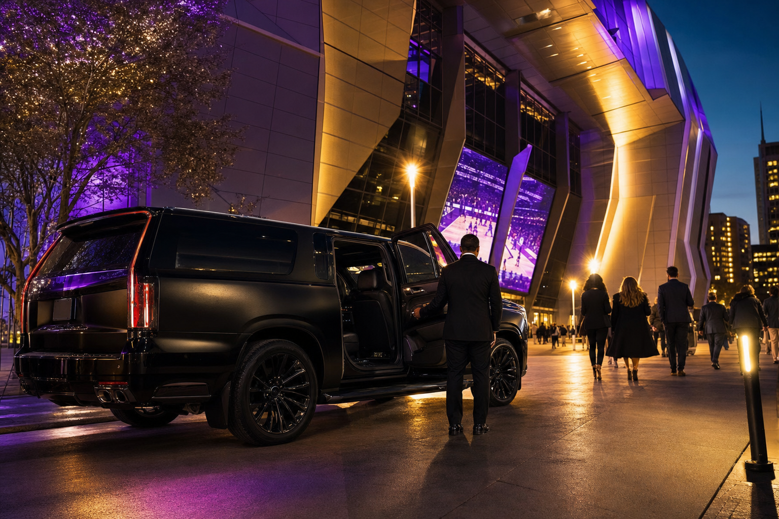 Matte black chauffeur SUV at Golden 1 Center on a Sacramento Kings game night.
